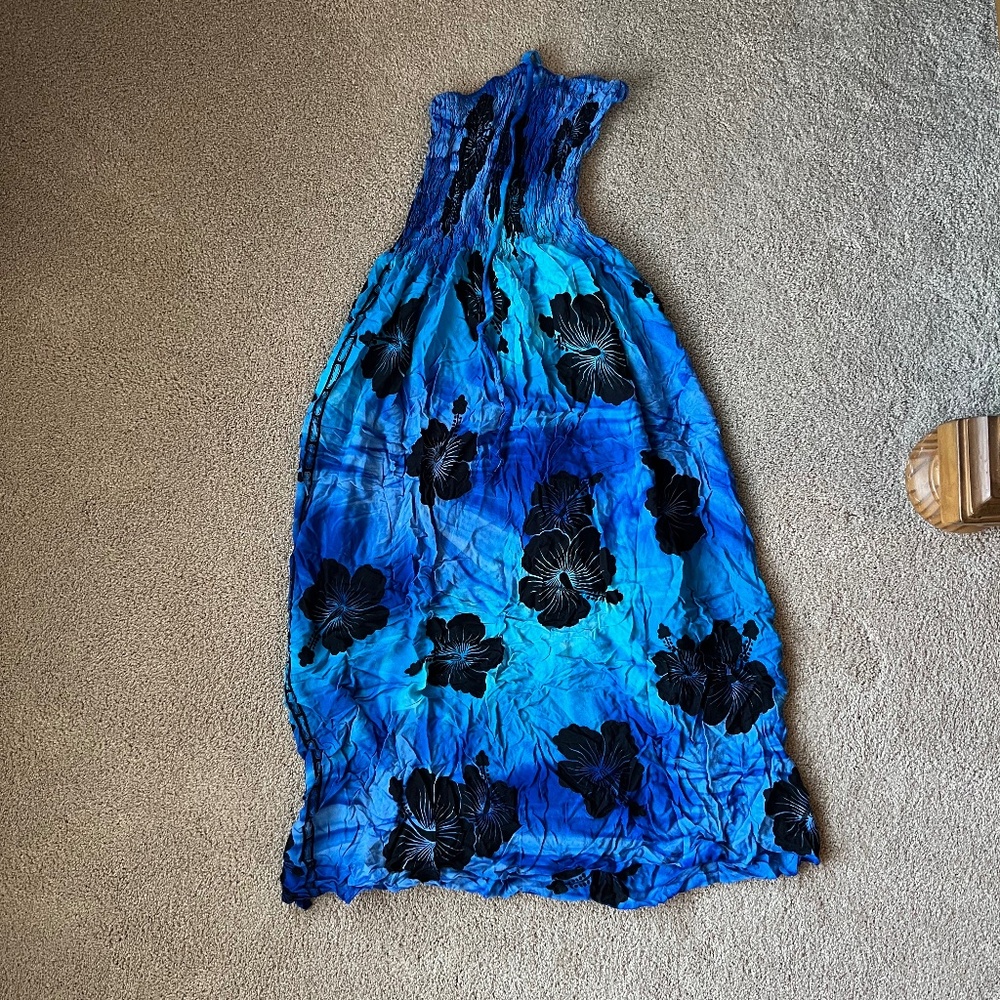 Blue Floral Tube Dress with String Halter Ties One Size